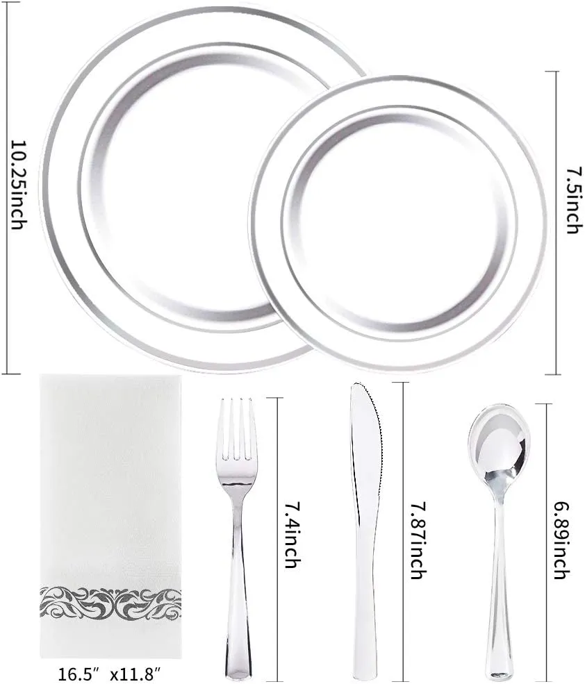 WDF 150PCS Silver Plates Plastic - Disposable Plastic Silver plates Dinnerware include 25 Dinner Plates,25 Salad Plates,25 Forks, 25 Knives, 25 Spoons,25Disposable Napkins