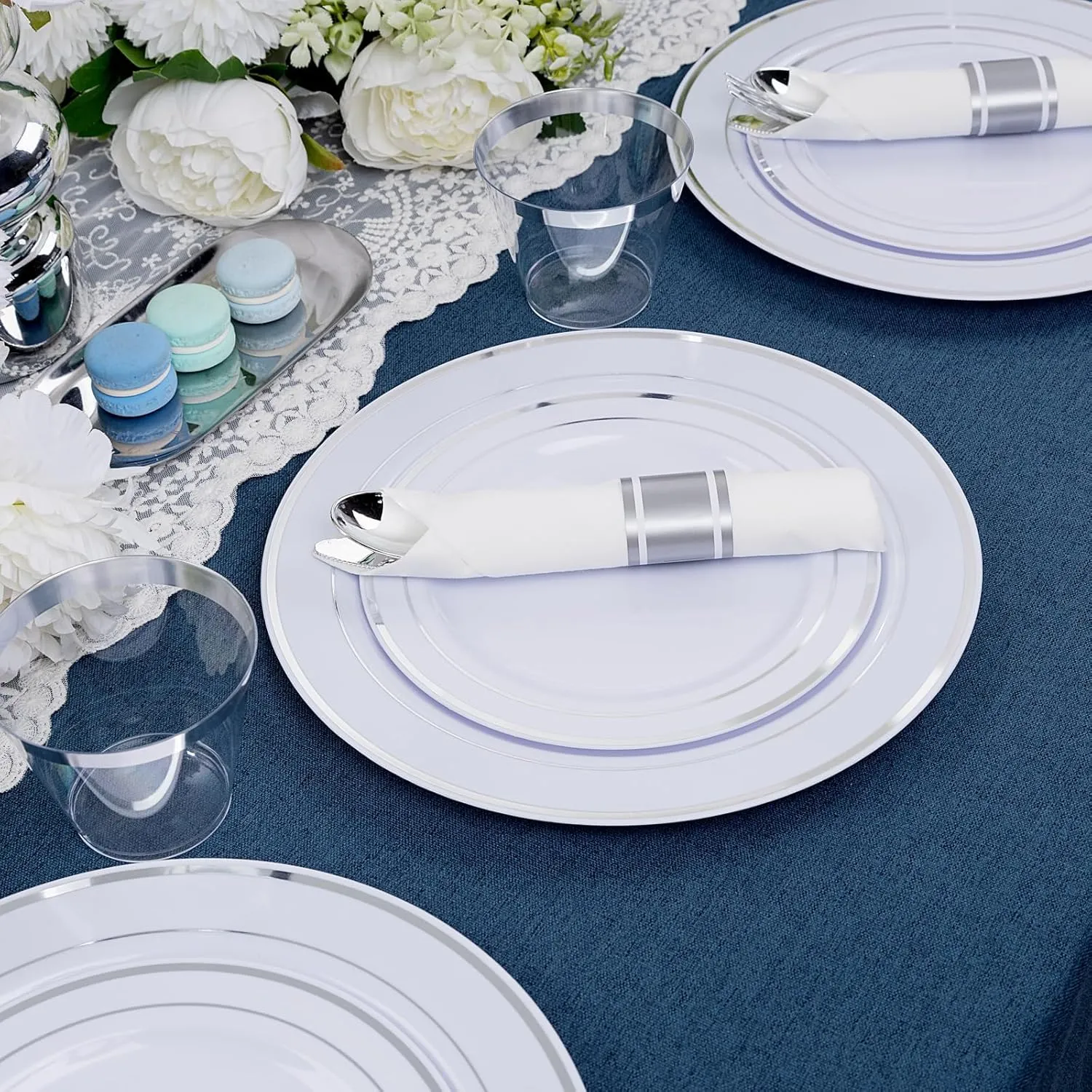 WDF 150PCS Silver Plates Plastic - Disposable Plastic Silver plates Dinnerware include 25 Dinner Plates,25 Salad Plates,25 Forks, 25 Knives, 25 Spoons,25Disposable Napkins