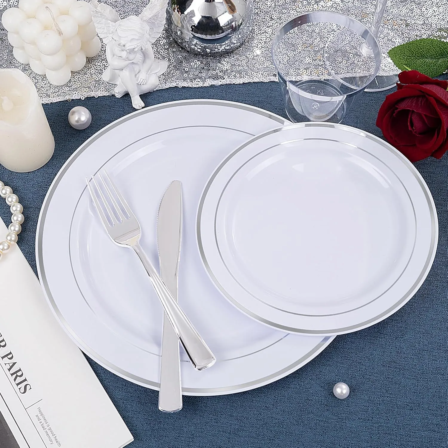 WDF 150PCS Silver Plates Plastic - Disposable Plastic Silver plates Dinnerware include 25 Dinner Plates,25 Salad Plates,25 Forks, 25 Knives, 25 Spoons,25Disposable Napkins
