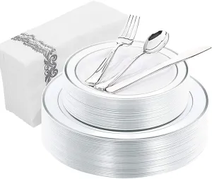 WDF 150PCS Silver Plates Plastic - Disposable Plastic Silver plates Dinnerware include 25 Dinner Plates,25 Salad Plates,25 Forks, 25 Knives, 25 Spoons,25Disposable Napkins