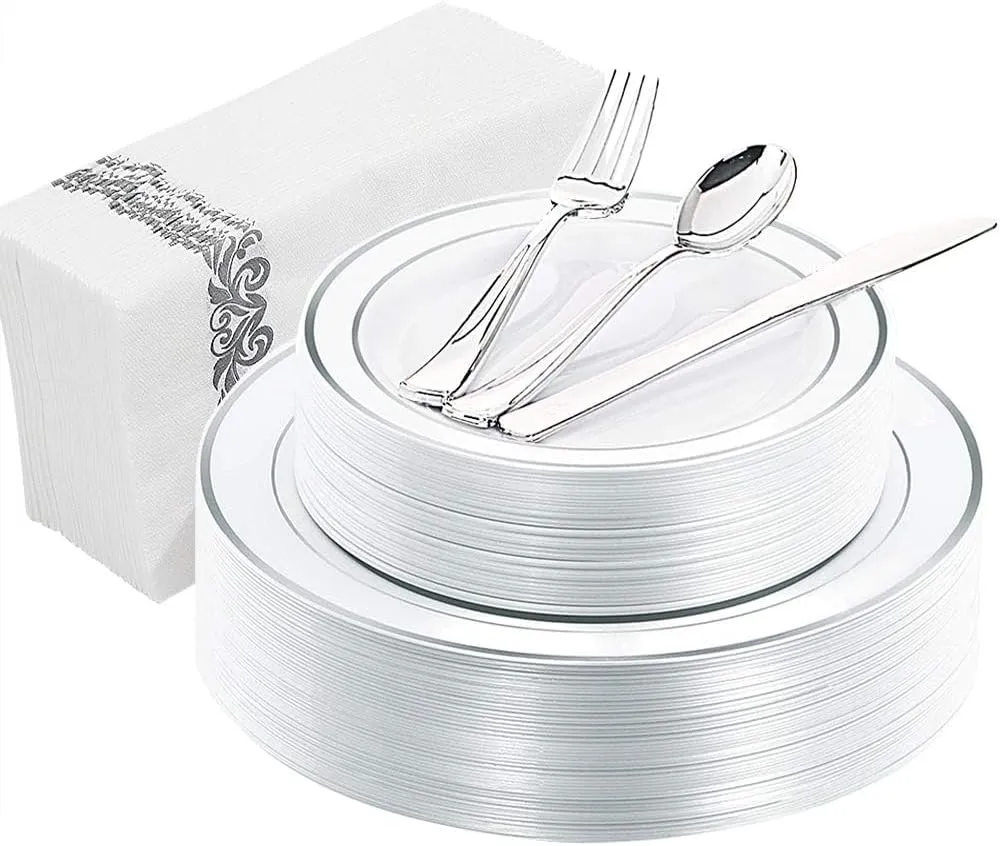 WDF 150PCS Silver Plates Plastic - Disposable Plastic Silver plates Dinnerware include 25 Dinner Plates,25 Salad Plates,25 Forks, 25 Knives, 25 Spoons,25Disposable Napkins