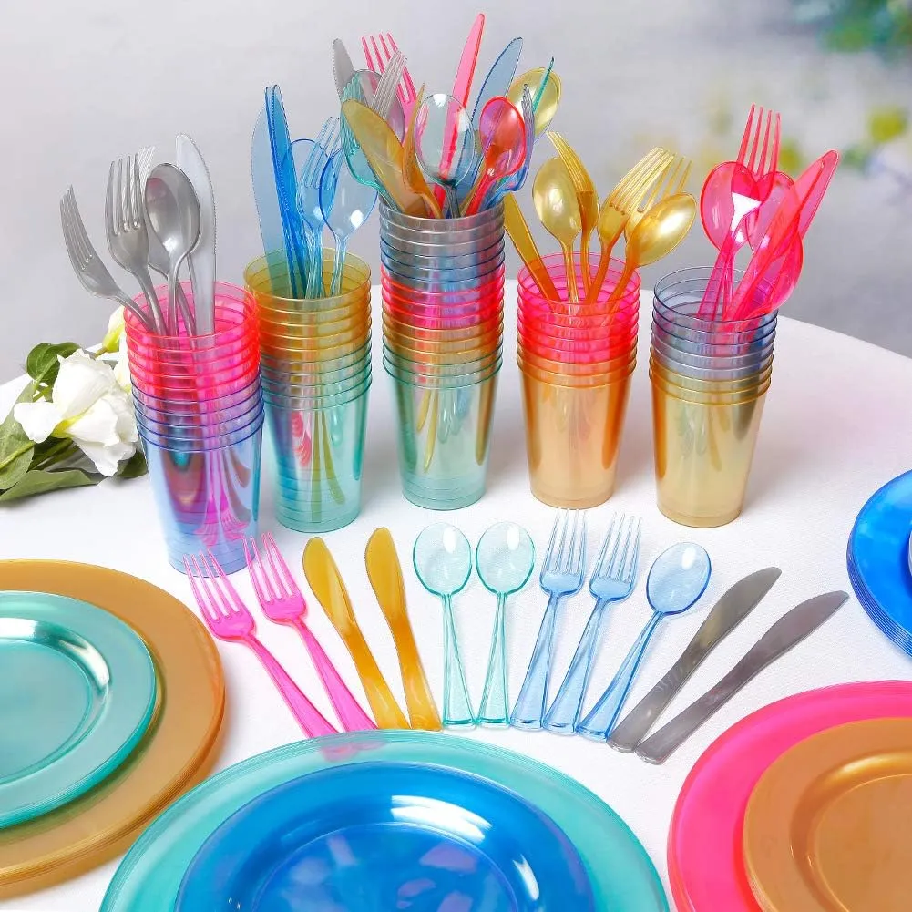 WDF 25 Guest Blue Plates with Disposable Silverware&Blue Cups-Neon Clear Plastic Dinnerware include 25 Dinner &Salad Plates,25Forks, 25 Knives, 25 Spoons,25 Cups for Graduation