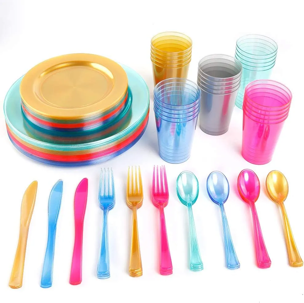 WDF 25 Guest Blue Plates with Disposable Silverware&Blue Cups-Neon Clear Plastic Dinnerware include 25 Dinner &Salad Plates,25Forks, 25 Knives, 25 Spoons,25 Cups for Graduation