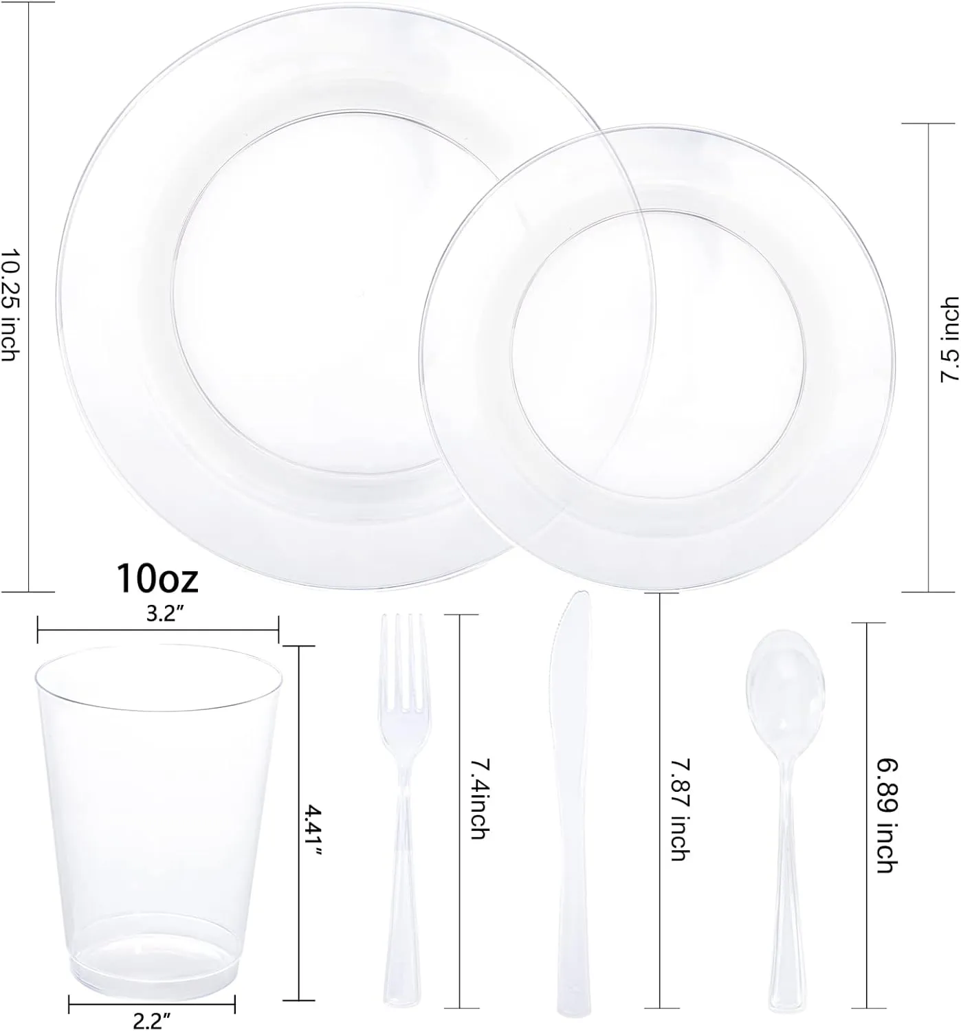 WDF 25 Guest Clear Plastic Plates with Clear Plastic Silverware - Clear Plates and Cups for Party include 25 Dinner Clear Plates, 25Salad Plates, 25Forks, 25Knives, 25 Spoons, 25Cups