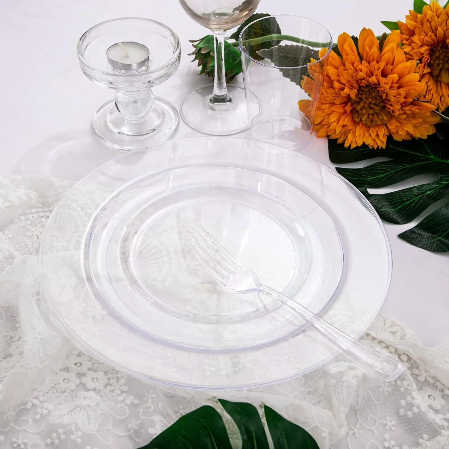 WDF 25 Guest Clear Plastic Plates with Clear Plastic Silverware - Clear Plates and Cups for Party include 25 Dinner Clear Plates, 25Salad Plates, 25Forks, 25Knives, 25 Spoons, 25Cups