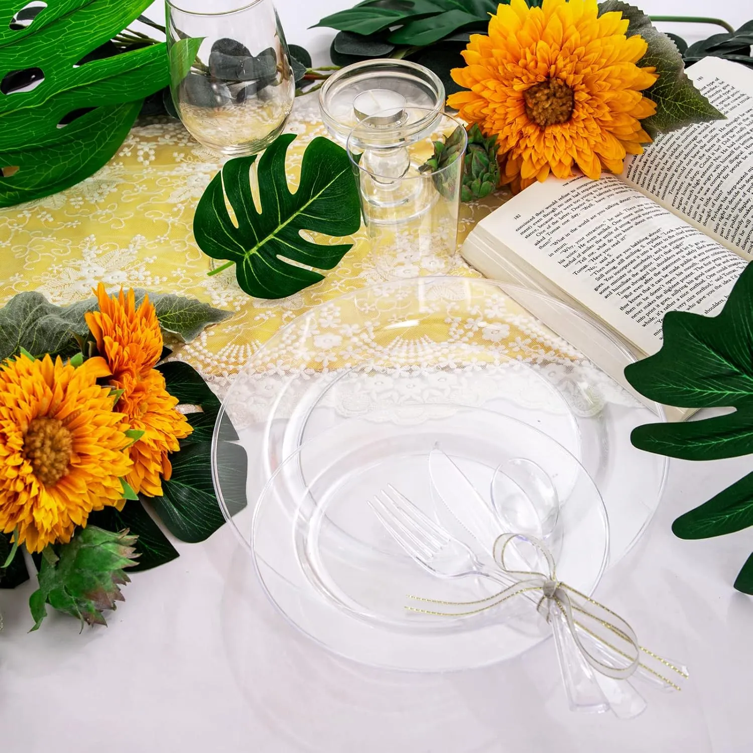 WDF 25 Guest Clear Plastic Plates with Clear Plastic Silverware - Clear Plates and Cups for Party include 25 Dinner Clear Plates, 25Salad Plates, 25Forks, 25Knives, 25 Spoons, 25Cups
