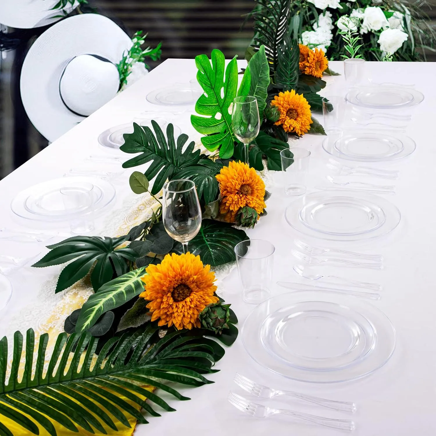 WDF 25 Guest Clear Plastic Plates with Clear Plastic Silverware - Clear Plates and Cups for Party include 25 Dinner Clear Plates, 25Salad Plates, 25Forks, 25Knives, 25 Spoons, 25Cups