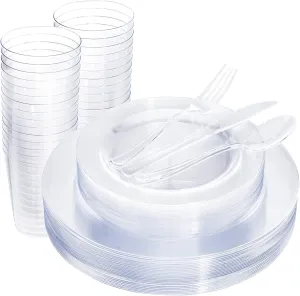 WDF 25 Guest Clear Plastic Plates with Clear Plastic Silverware - Clear Plates and Cups for Party include 25 Dinner Clear Plates, 25Salad Plates, 25Forks, 25Knives, 25 Spoons, 25Cups