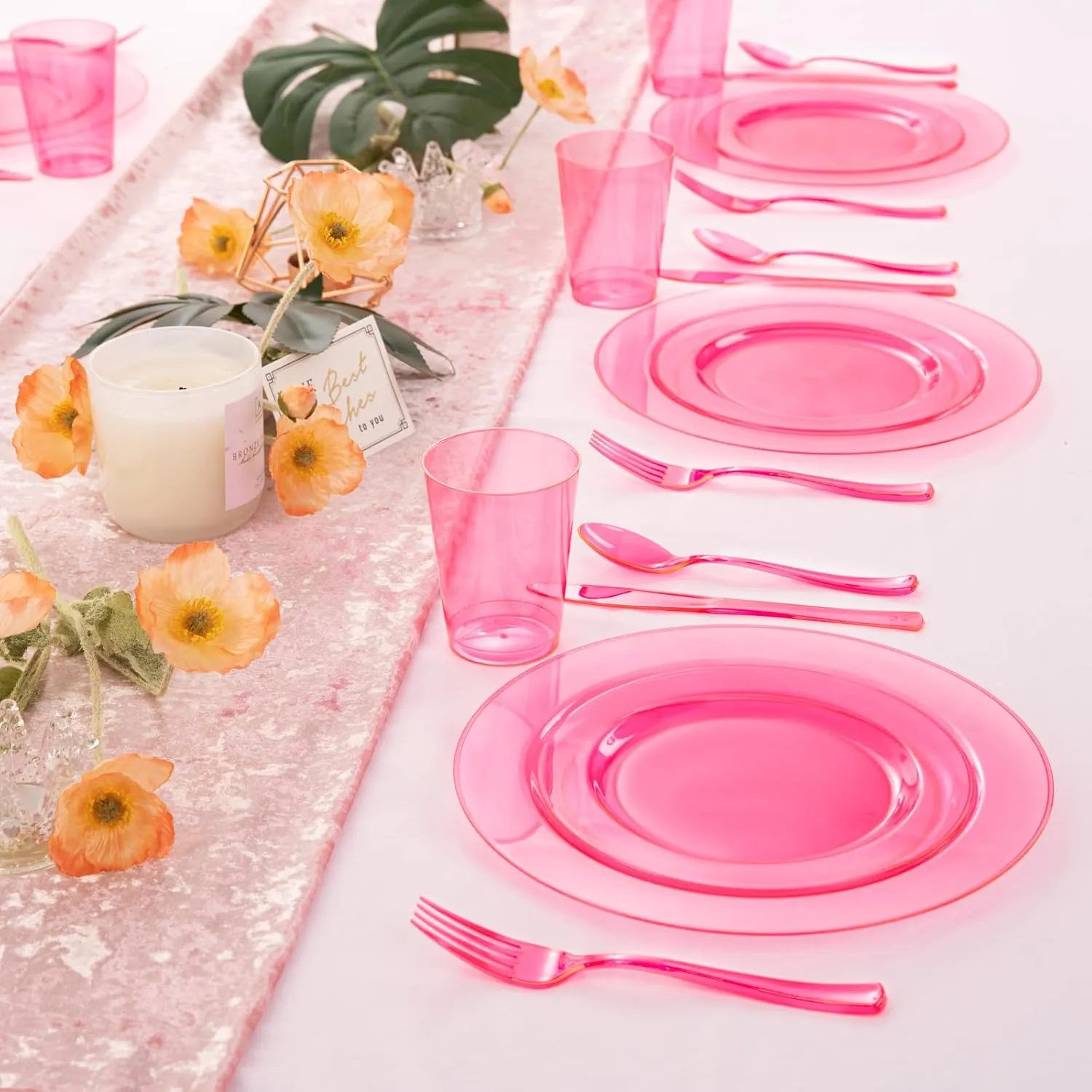 WDF 25 Guest Pink Plates with Pink Plastic Silverware&Pink Cups-Neon Clear Disposable Dinnerware include 50 Plates,25Forks, 25 Knives, 25 Spoons,25 Plastic Cups for Party and Baby Shower