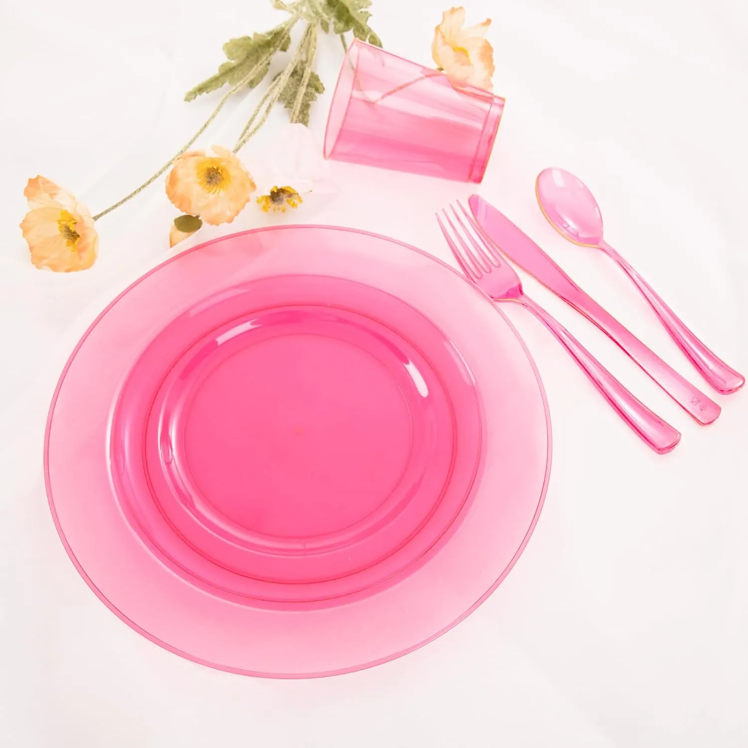 WDF 25 Guest Pink Plates with Pink Plastic Silverware&Pink Cups-Neon Clear Disposable Dinnerware include 50 Plates,25Forks, 25 Knives, 25 Spoons,25 Plastic Cups for Party and Baby Shower