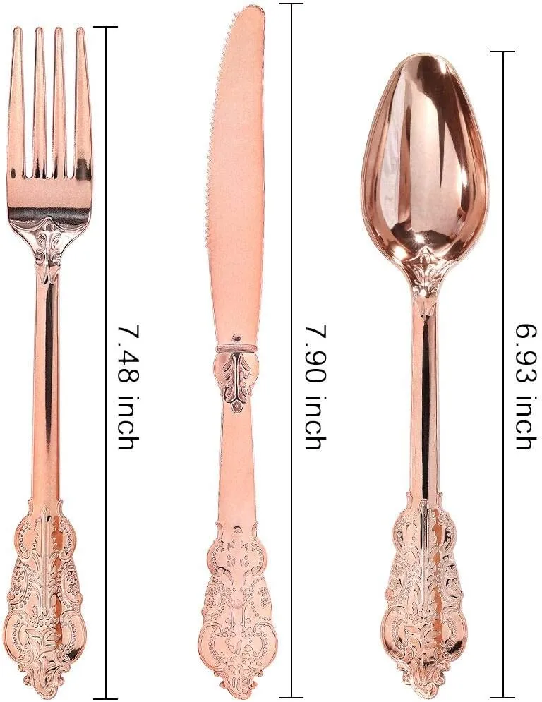 WDF-300 Pieces Rose Gold Plastic Silverware- Disposable Flatware -Heavyweight Plastic Cutlery- Includes 100 Forks, 100 Spoons, 100 Knives for Wedding& Parties