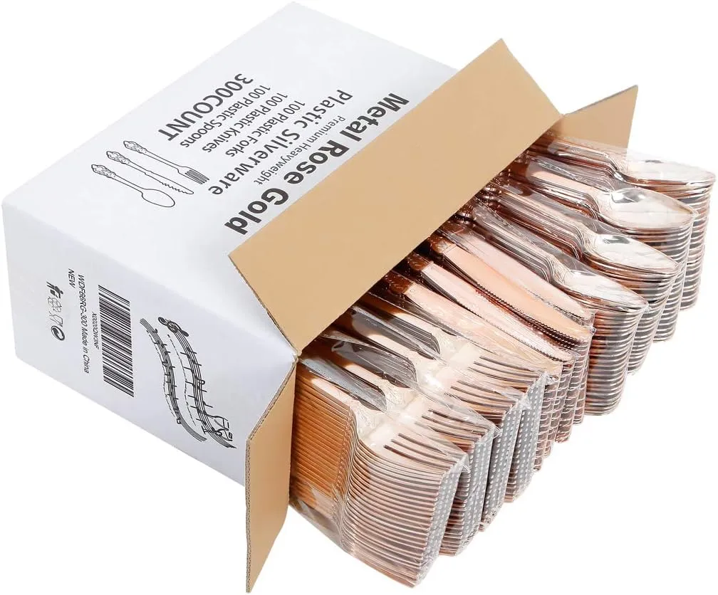 WDF-300 Pieces Rose Gold Plastic Silverware- Disposable Flatware -Heavyweight Plastic Cutlery- Includes 100 Forks, 100 Spoons, 100 Knives for Wedding& Parties