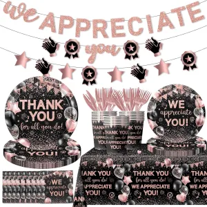 We Appreciate You Tableware Decorations,Rose Gold Thank You Plates And Napkins 142pcs Thank You For All You Do Party Plates Napkin Cups Tablecloth for Appreciate Party