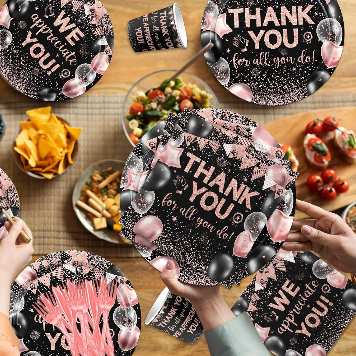 We Appreciate You Tableware Decorations,Rose Gold Thank You Plates And Napkins 142pcs Thank You For All You Do Party Plates Napkin Cups Tablecloth for Appreciate Party