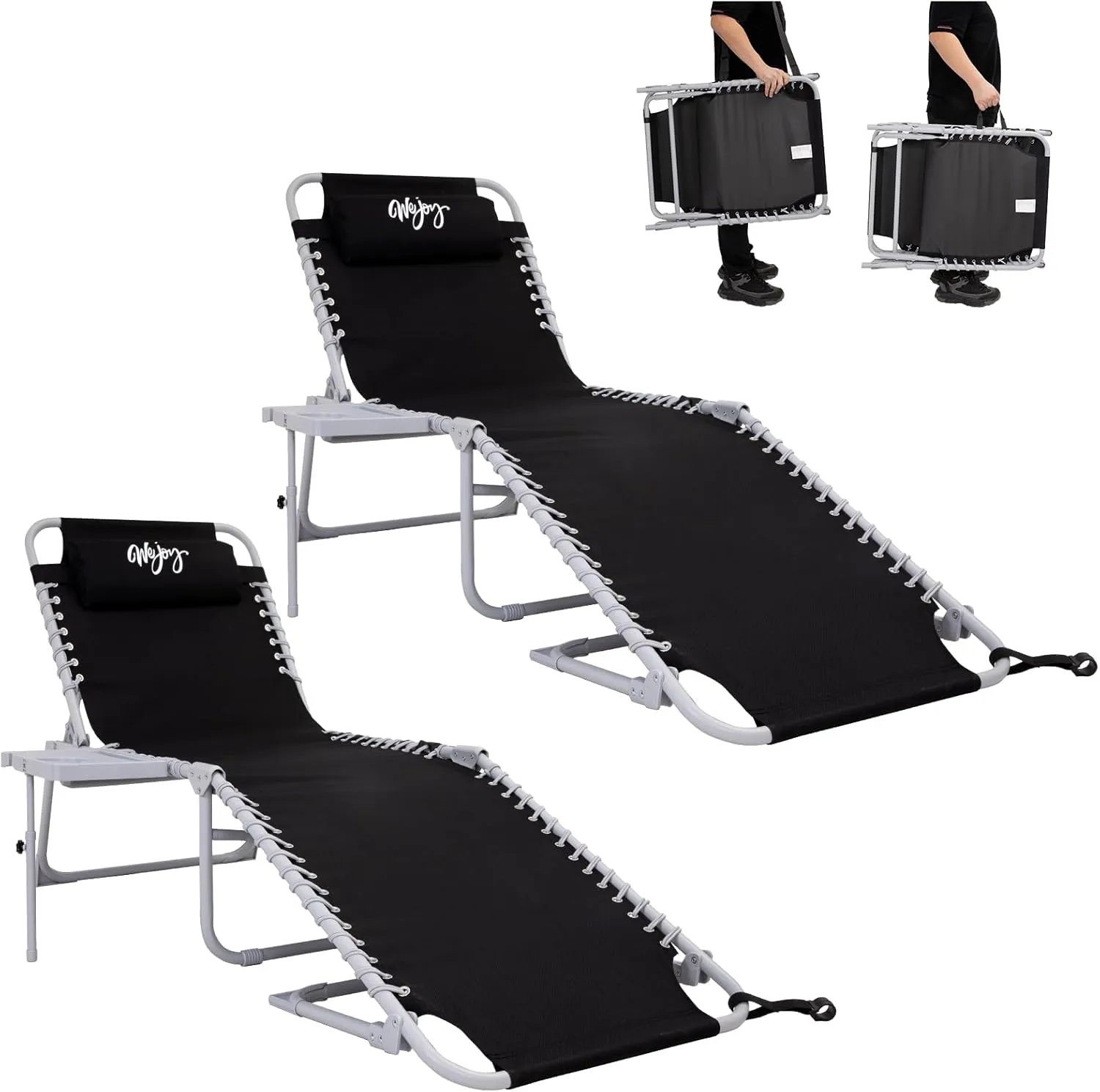 #WEJOY 2 Pack Outdoor Chaise Lounge Chair - Portable Folding Patio Pool Lounge Chair, 5 Positions Adjustable Reclining Camping Chair with Side Table,Shoulder Strap, Pillow for Beach Sunbathing Lawn