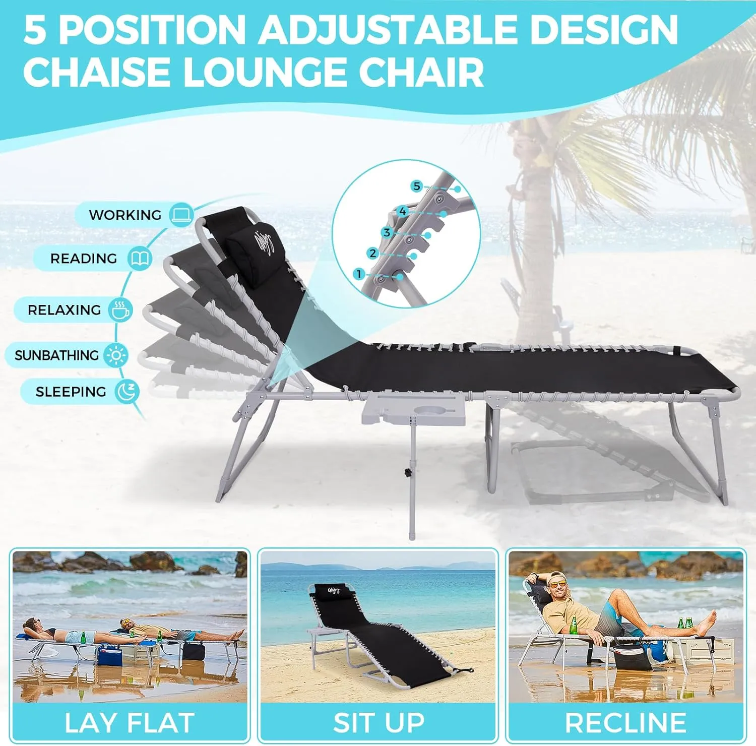 #WEJOY 2 Pack Outdoor Chaise Lounge Chair - Portable Folding Patio Pool Lounge Chair, 5 Positions Adjustable Reclining Camping Chair with Side Table,Shoulder Strap, Pillow for Beach Sunbathing Lawn