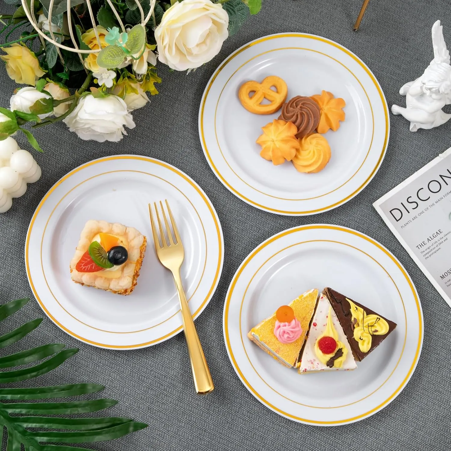 WELLIFE 144Pcs Gold Dessert Plates, 7.5 Inch Plastic Appetizer Plates, White Plates with Gold Rim Heavy Duty Plastic Party Plates, White and Gold Plastic Plates for Party and Wedding