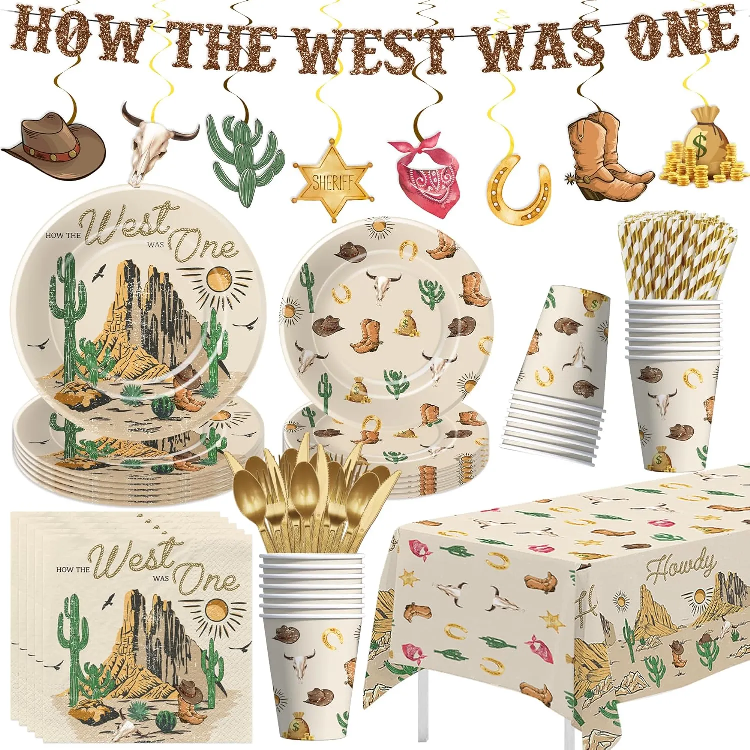 Western Cowboy 1st Birthday Decorations, How The West Was One Year Old Party Decorations, Plate, Napkin, Cup, Tablecloth, Banner, Swirls, Wild West First Rodeo Birthday Supplies, Serves 24