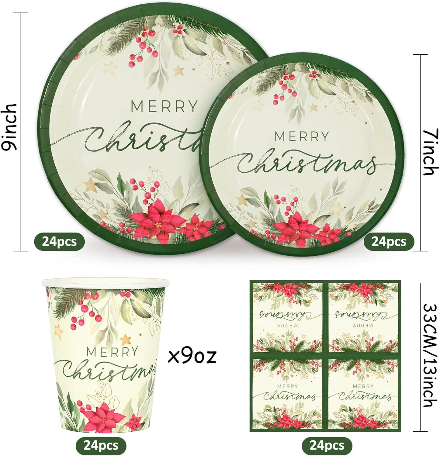 Whaline 24 Sets Christmas Holly Paper Plates Cups Napkins Party Decorations Poinsettia Mistletoe Disposable Plates Merry Christmas Tableware Set for Xmas Winter Holiday Wedding Birthday Party