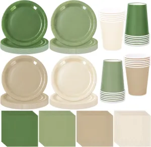 Whaline 244Pcs Nude Sage Green Tableware Set Serves 48 4 Colors Disposable Dinnerware 48 9" Plates 48 7" Plate 48 9oz Cups 100 Napkins for Wedding Birthday Party Supplies