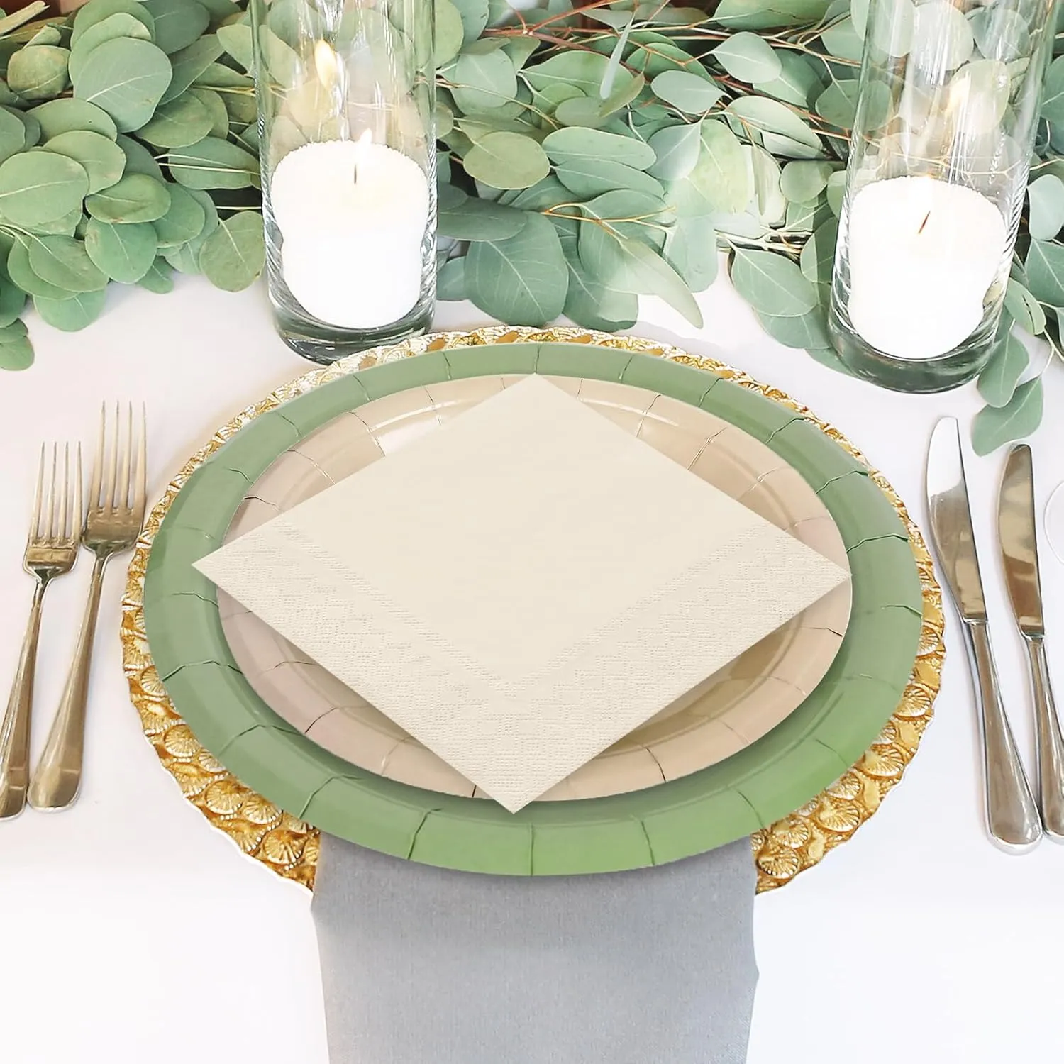 Whaline 244Pcs Nude Sage Green Tableware Set Serves 48 4 Colors Disposable Dinnerware 48 9" Plates 48 7" Plate 48 9oz Cups 100 Napkins for Wedding Birthday Party Supplies