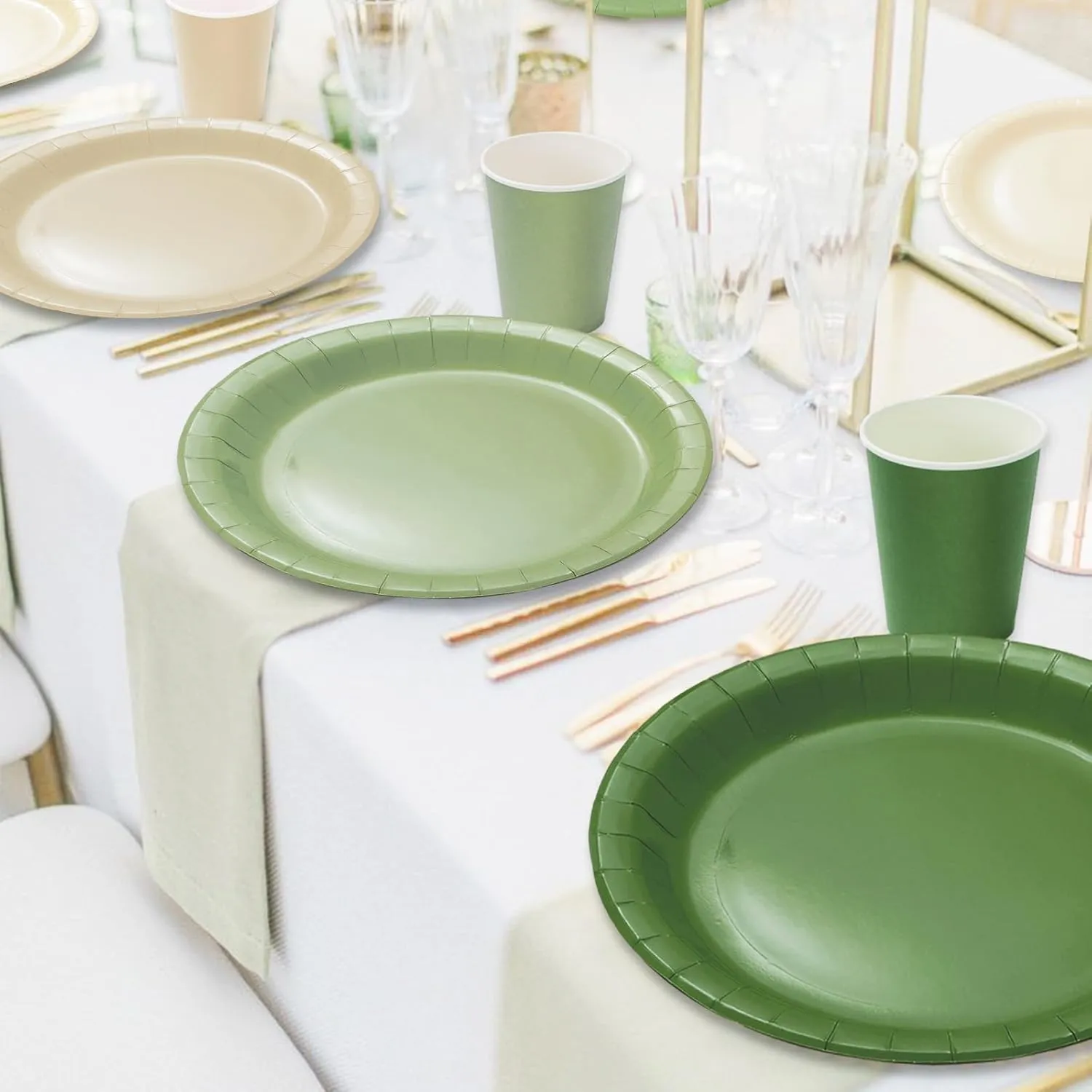 Whaline 244Pcs Nude Sage Green Tableware Set Serves 48 4 Colors Disposable Dinnerware 48 9" Plates 48 7" Plate 48 9oz Cups 100 Napkins for Wedding Birthday Party Supplies