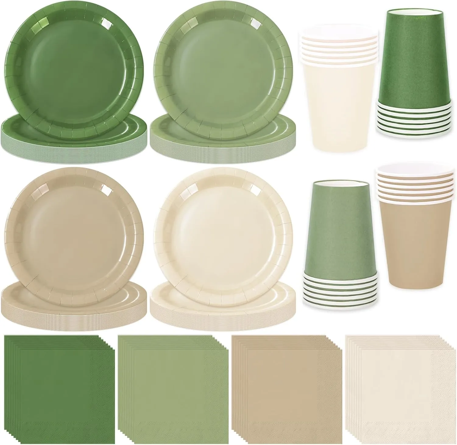 Whaline 244Pcs Nude Sage Green Tableware Set Serves 48 4 Colors Disposable Dinnerware 48 9" Plates 48 7" Plate 48 9oz Cups 100 Napkins for Wedding Birthday Party Supplies