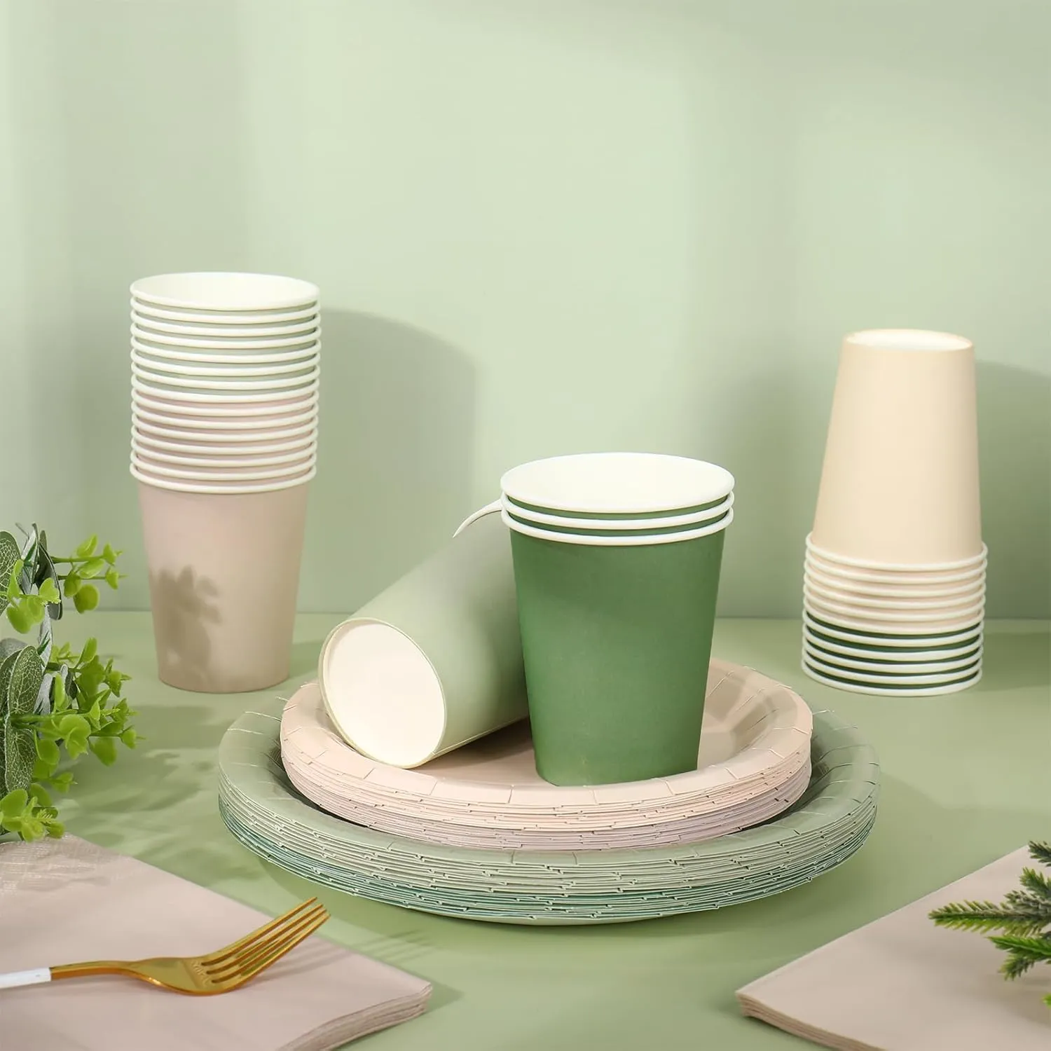 Whaline 244Pcs Nude Sage Green Tableware Set Serves 48 4 Colors Disposable Dinnerware 48 9" Plates 48 7" Plate 48 9oz Cups 100 Napkins for Wedding Birthday Party Supplies