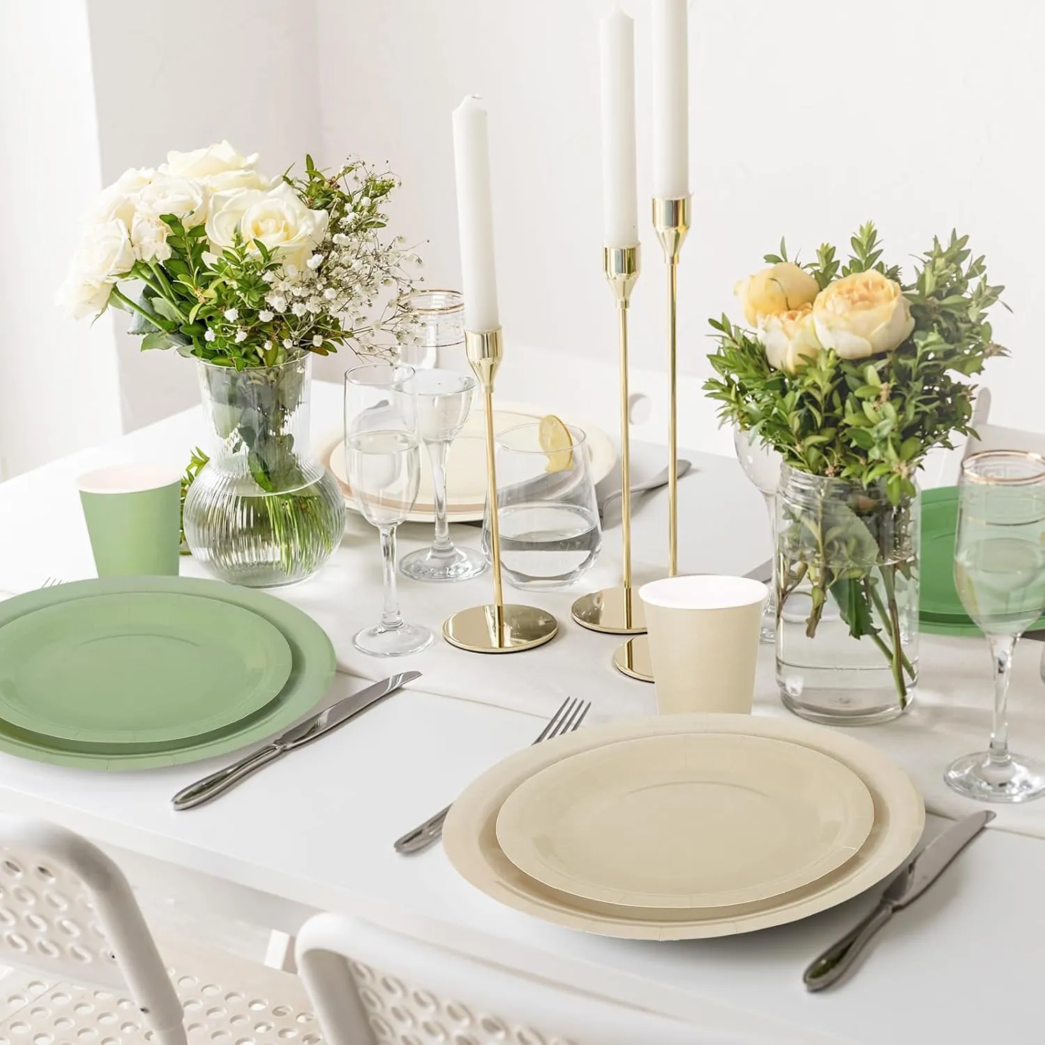Whaline 244Pcs Nude Sage Green Tableware Set Serves 48 4 Colors Disposable Dinnerware 48 9" Plates 48 7" Plate 48 9oz Cups 100 Napkins for Wedding Birthday Party Supplies