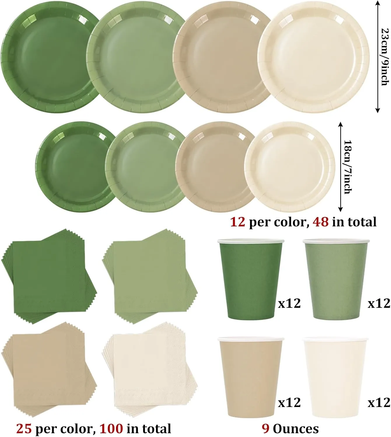 Whaline 244Pcs Nude Sage Green Tableware Set Serves 48 4 Colors Disposable Dinnerware 48 9" Plates 48 7" Plate 48 9oz Cups 100 Napkins for Wedding Birthday Party Supplies