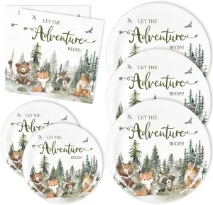 Whaline 72Pcs Let The Adventure Begin Party Supplies Baby Shower Plates Napkins Tableware Set Adventure Awaits Disposable Tableware For Baby Shower Birthday Adventure Party Table Decor Serve 24