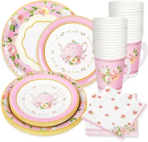 Whaline Pink Tea Party Tableware Supplies Serves 24 Pink Floral Tea Party Disposable Paper Dinnerware, 24 9" Plates 24 7" Saucer Plate 24 9oz Tea Cups with Handle 48 Luncheon Napkins