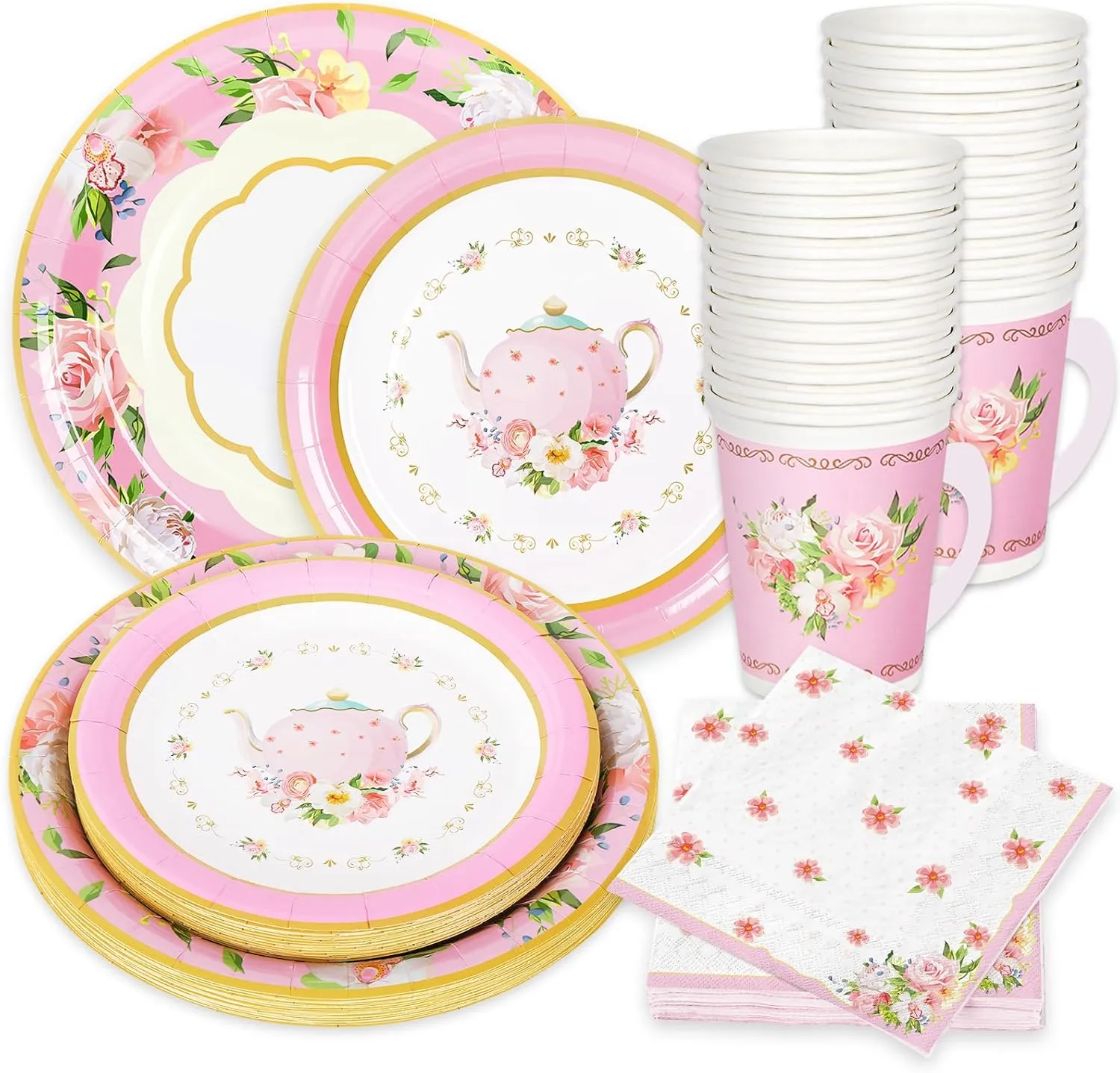 Whaline Pink Tea Party Tableware Supplies Serves 24 Pink Floral Tea Party Disposable Paper Dinnerware, 24 9" Plates 24 7" Saucer Plate 24 9oz Tea Cups with Handle 48 Luncheon Napkins
