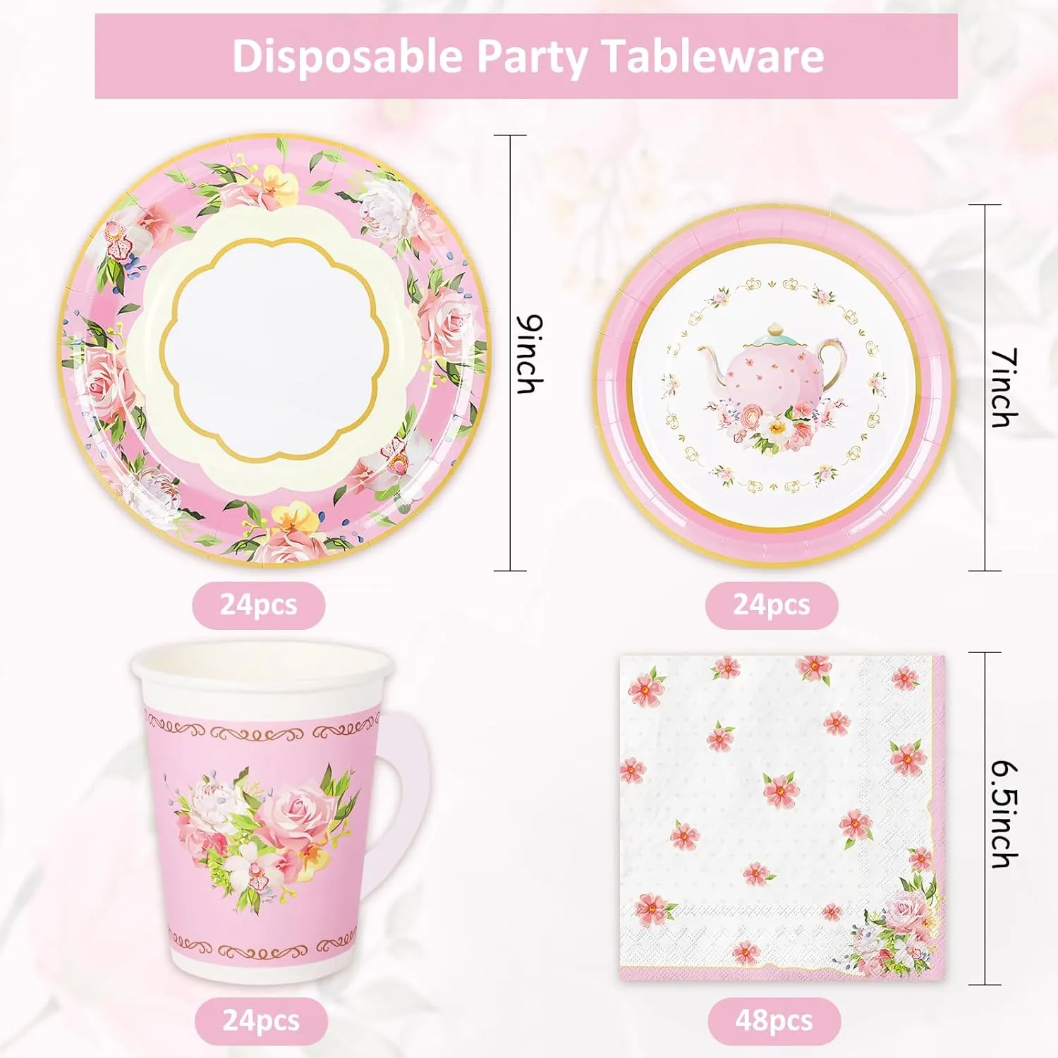 Whaline Pink Tea Party Tableware Supplies Serves 24 Pink Floral Tea Party Disposable Paper Dinnerware, 24 9" Plates 24 7" Saucer Plate 24 9oz Tea Cups with Handle 48 Luncheon Napkins