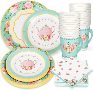 Whaline Tea Party Tableware Supplies Serves 24 Spring Floral Tea Party Disposable Paper Dinnerware, 24 9" Plates 24 7" Saucer Plate 24 9oz Tea Cups with Handle 48 Luncheon Napkins
