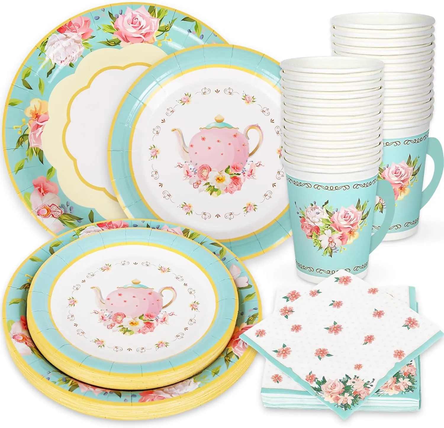 Whaline Tea Party Tableware Supplies Serves 24 Spring Floral Tea Party Disposable Paper Dinnerware, 24 9" Plates 24 7" Saucer Plate 24 9oz Tea Cups with Handle 48 Luncheon Napkins