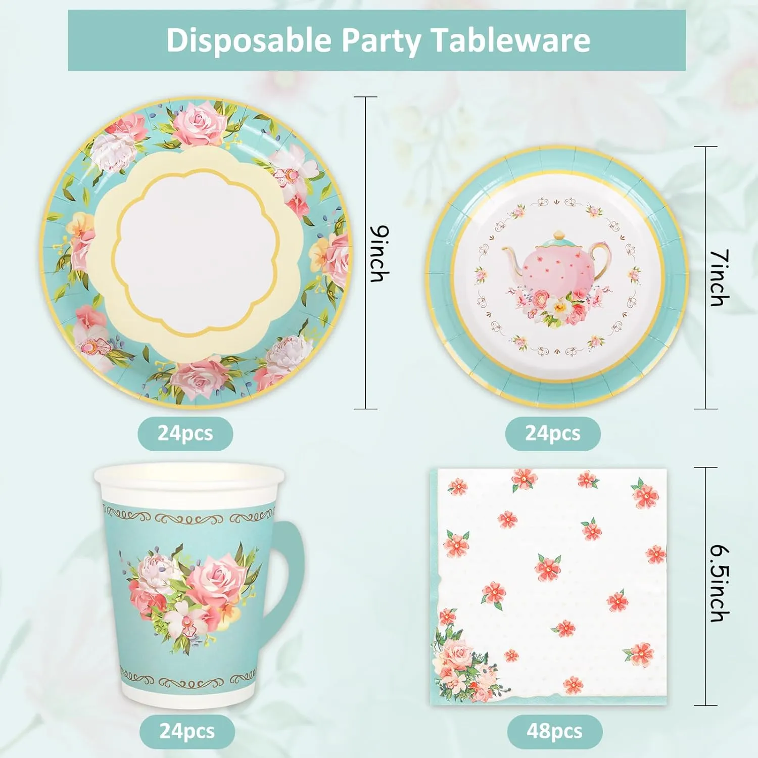 Whaline Tea Party Tableware Supplies Serves 24 Spring Floral Tea Party Disposable Paper Dinnerware, 24 9" Plates 24 7" Saucer Plate 24 9oz Tea Cups with Handle 48 Luncheon Napkins