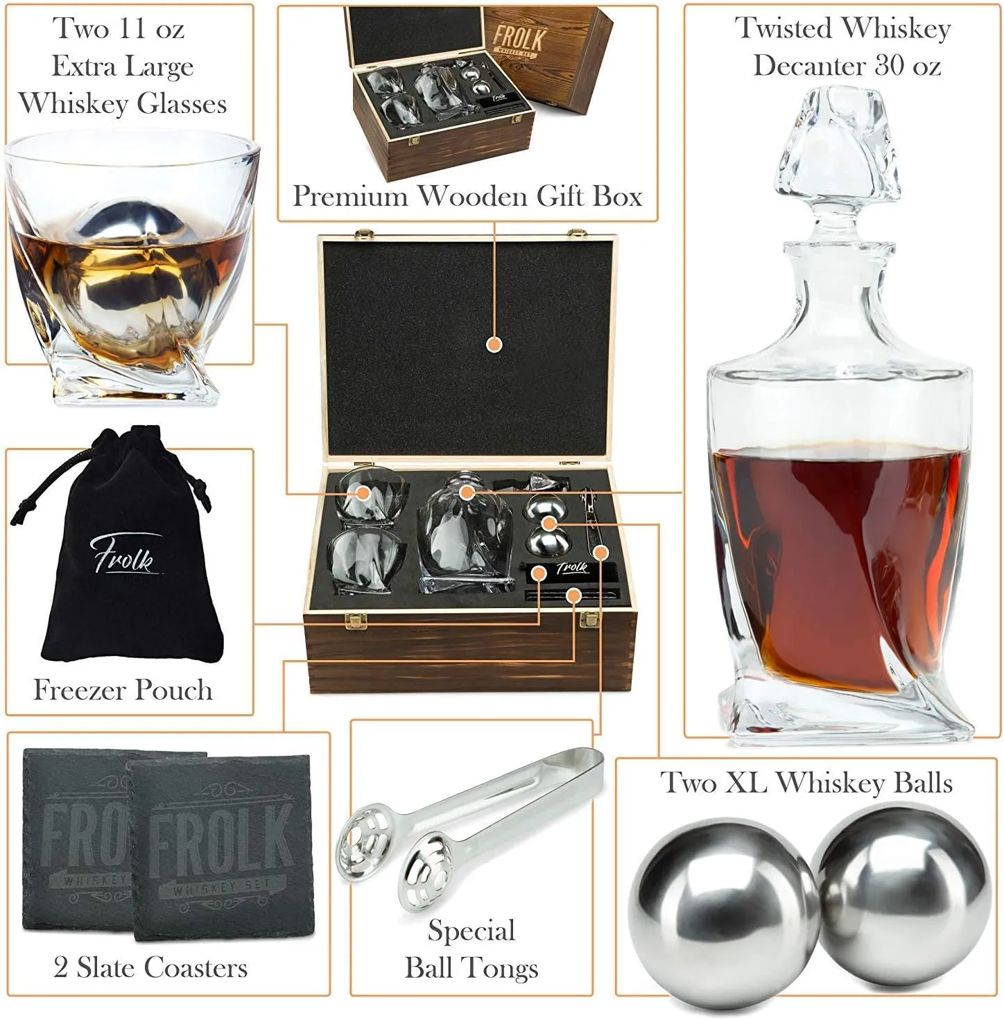 Whiskey Decanter Gift Set for Men – Twisted Bourbon Decanter, 2 Glasses, 2 XL Stainless Steel Whisky Stones - Balls, 2 Slate Coasters, Special Tongs & Freezer Pouch in Pinewood Gift Box