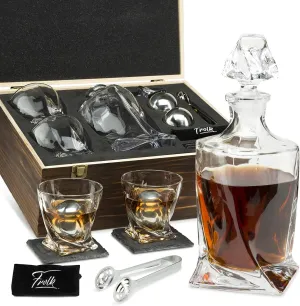 Whiskey Decanter Gift Set for Men – Twisted Bourbon Decanter, 2 Glasses, 2 XL Stainless Steel Whisky Stones - Balls, 2 Slate Coasters, Special Tongs & Freezer Pouch in Pinewood Gift Box