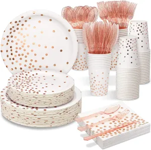 White & Rose Gold Party Supplies, 350PCS Disposable Dinnerware Set with Plates Napkins Cups Forks Knives Spoons for Girl Women Birthday Baby Bridal Shower Graduation Wedding Party Decoration