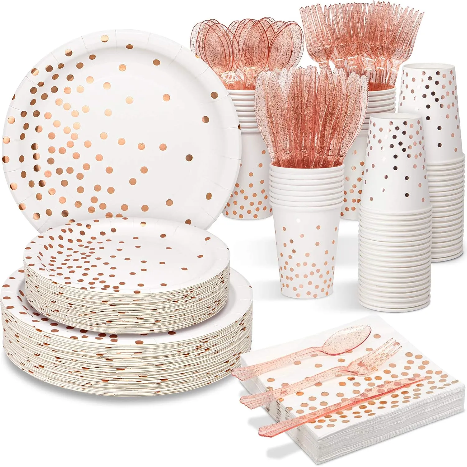 White & Rose Gold Party Supplies, 350PCS Disposable Dinnerware Set with Plates Napkins Cups Forks Knives Spoons for Girl Women Birthday Baby Bridal Shower Graduation Wedding Party Decoration