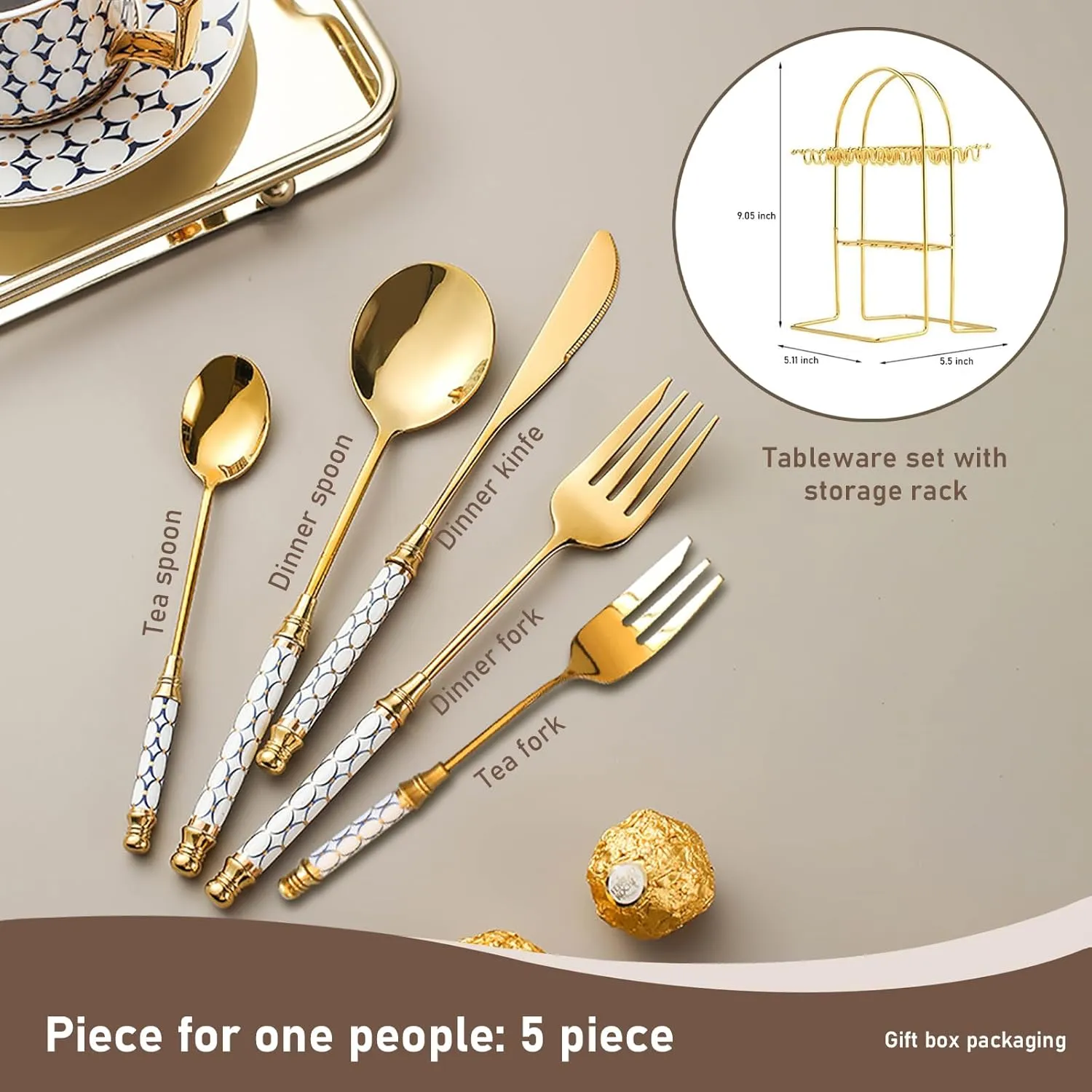 White ceramics handle Gold Flatware, Royal 20 Piece Matte White Handle 18/8 Stainless Steel Tableware Sets for 6 Including Forks Spoons Knives, Camping Silverware Travel Utensils Set
