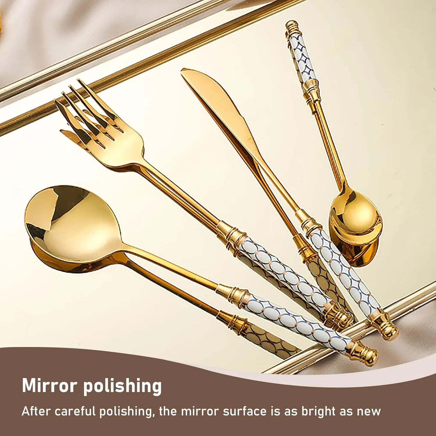 White ceramics handle Gold Flatware, Royal 20 Piece Matte White Handle 18/8 Stainless Steel Tableware Sets for 9 Including Forks Spoons Knives, Camping Silverware Travel Utensils Set