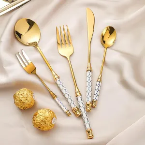 White ceramics handle Gold Flatware, Royal 20 Piece Matte White Handle 18/8 Stainless Steel Tableware Sets for 9 Including Forks Spoons Knives, Camping Silverware Travel Utensils Set