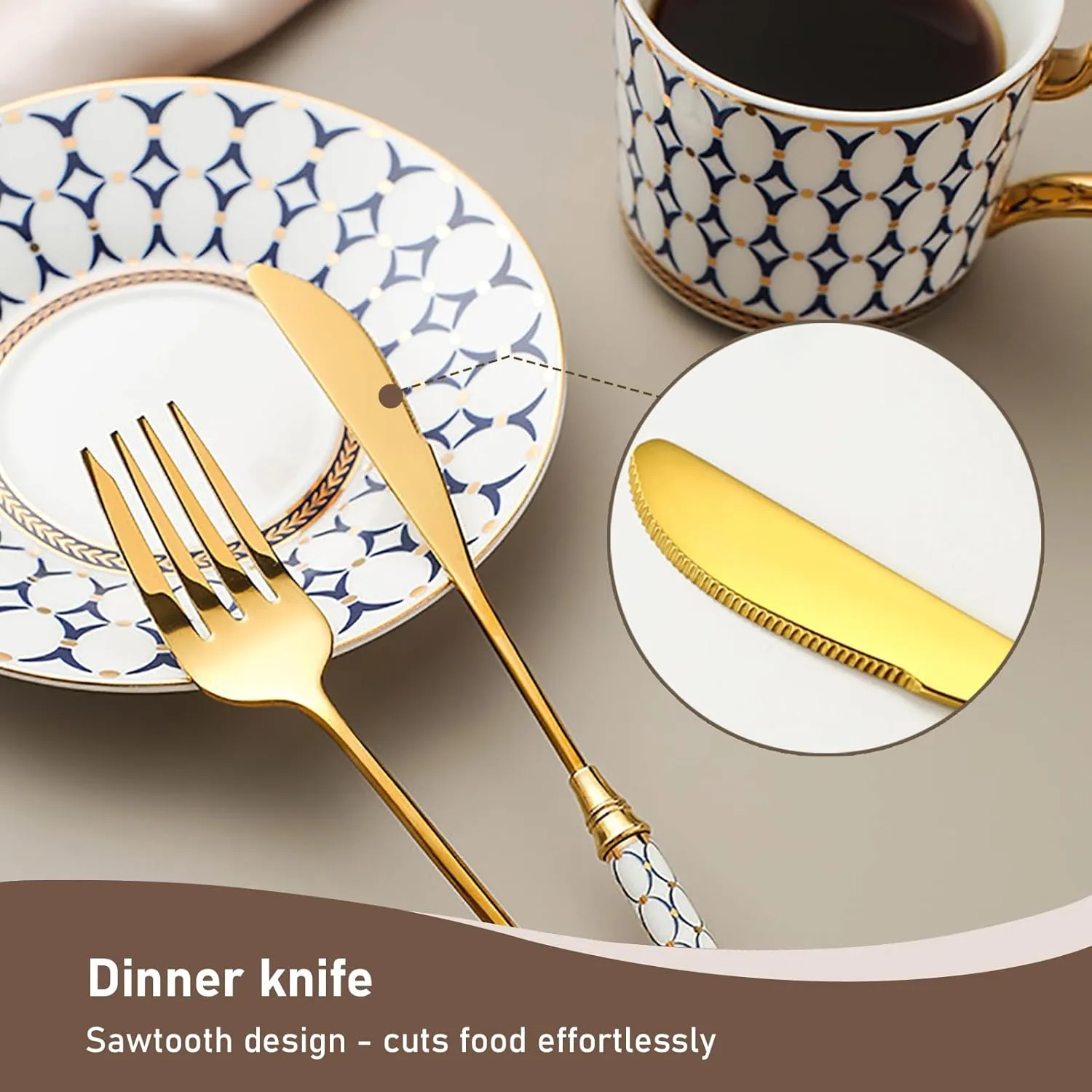 White ceramics handle Gold Flatware, Royal 20 Piece Matte White Handle 18/8 Stainless Steel Tableware Sets for 9 Including Forks Spoons Knives, Camping Silverware Travel Utensils Set