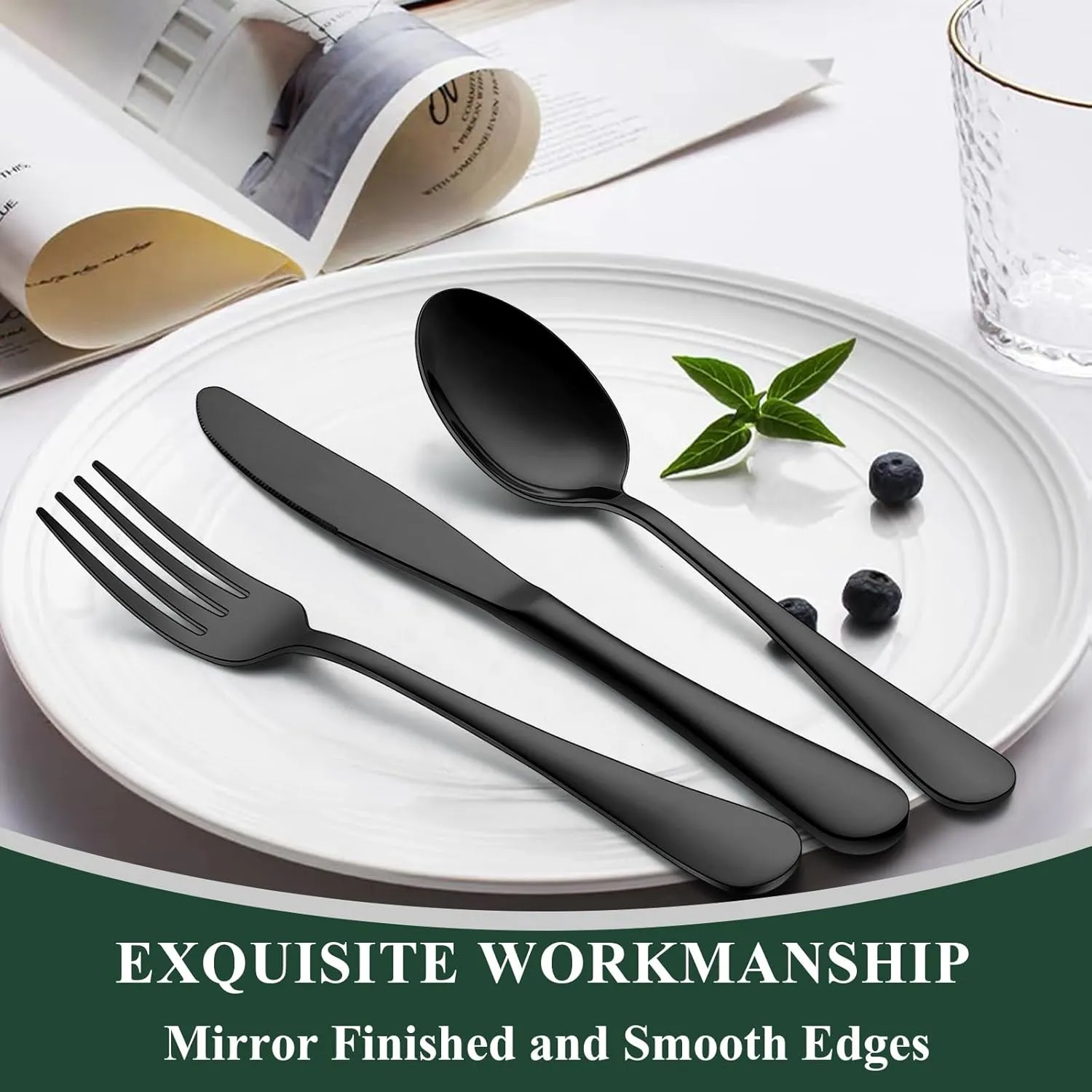 Wildone 40-Piece Black Silverware Set, Stainless Steel Flatware Cutlery Set Service for 8, Tableware Eating Utensils Include Knives/Forks/Spoons, Mirror Polished, Dishwasher Safe