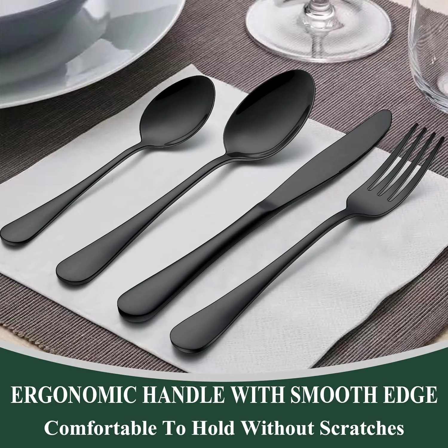 Wildone 40-Piece Black Silverware Set, Stainless Steel Flatware Cutlery Set Service for 8, Tableware Eating Utensils Include Knives/Forks/Spoons, Mirror Polished, Dishwasher Safe