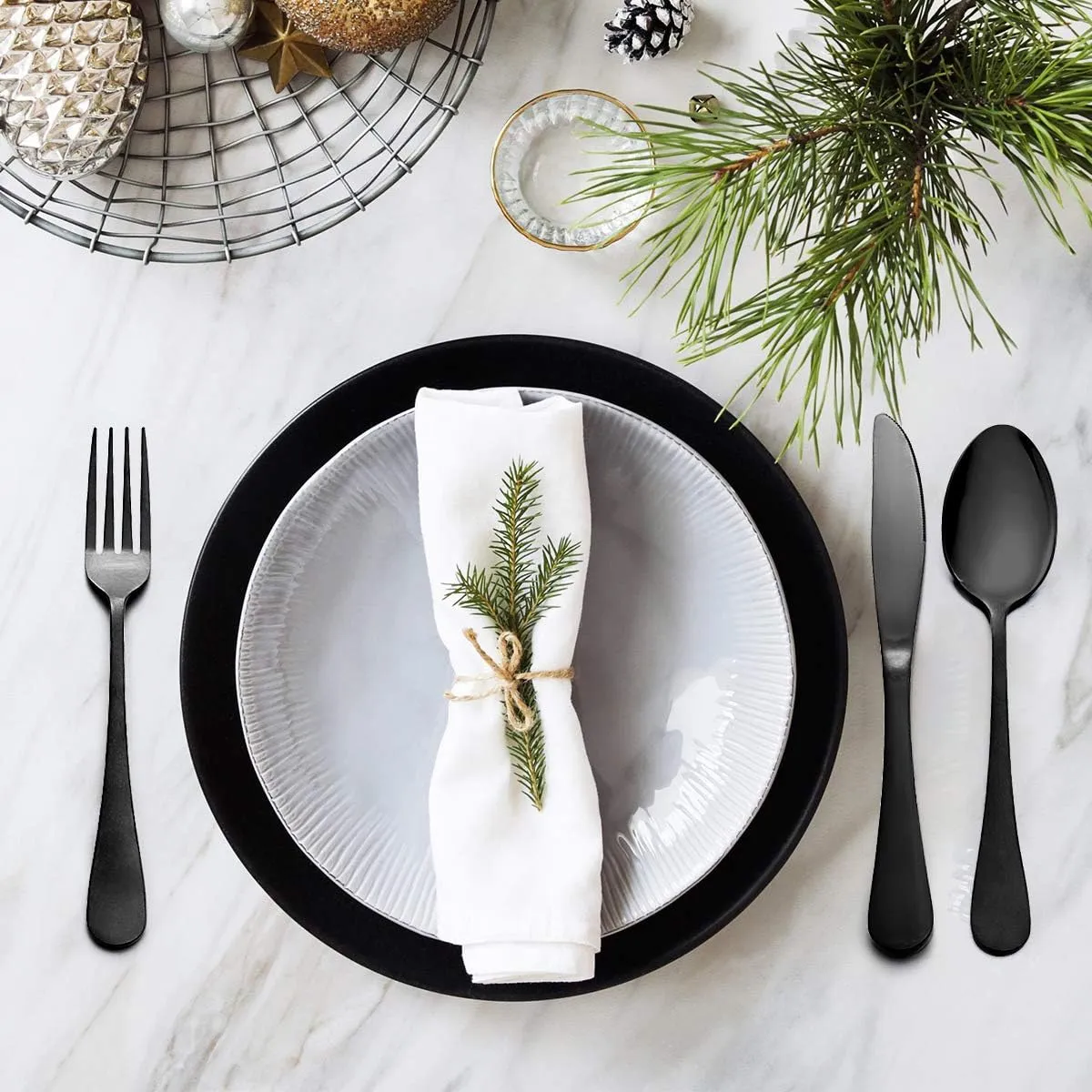 Wildone 48-Piece Black Flatware Set with Steak Knives, Stainless Steel Silverware Cutlery Set Service for 8, Tableware Eating Utensils Include Knives/Forks/Spoons, Mirror Polished, Dishwasher Safe