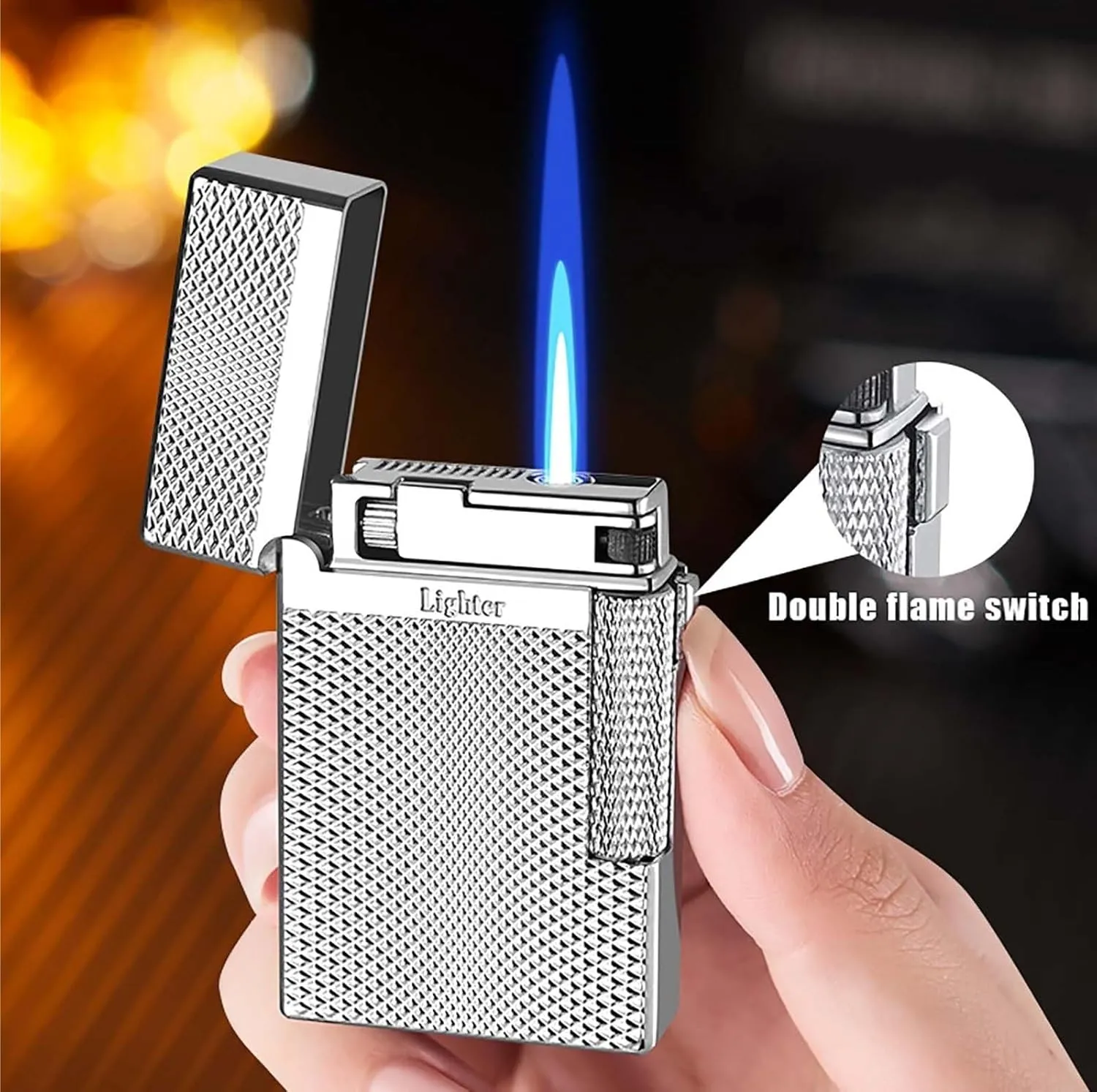 Windproof Embossed Metal Material Lighter refillable Adjustable Butane Lighter, Retro Dual Flame Mode Classic Lighter, Suitable for Men, dad, Husband Gifts (Fuel not Included)(Gold*b)