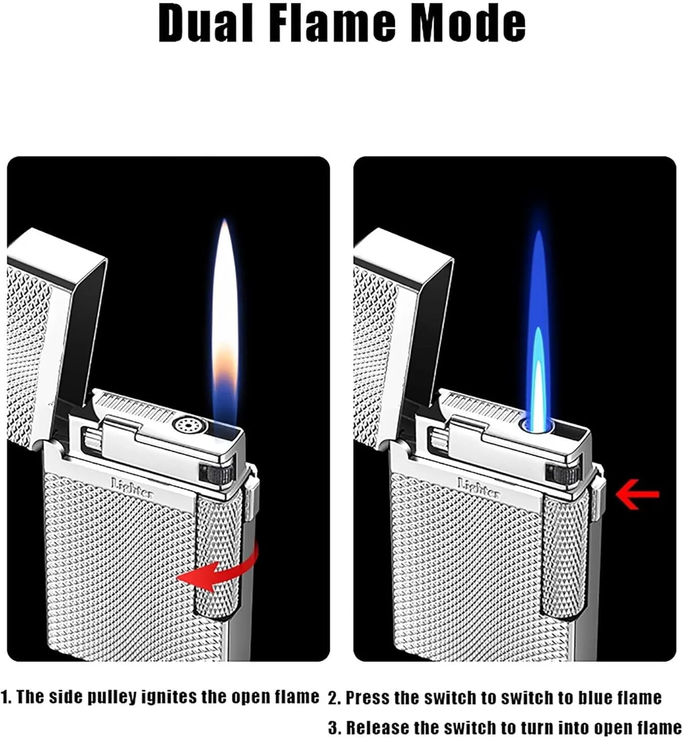 Windproof Embossed Metal Material Lighter refillable Adjustable Butane Lighter, Retro Dual Flame Mode Classic Lighter, Suitable for Men, dad, Husband Gifts (Fuel not Included)(Gold*b)